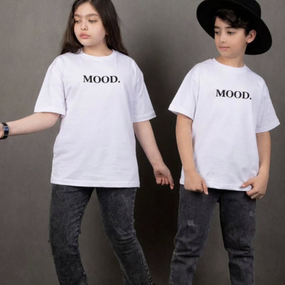 تیشرت تک سفید دخترانه و پسرانه مدل MOOD مناسب ۱ تا ۱۲ سال